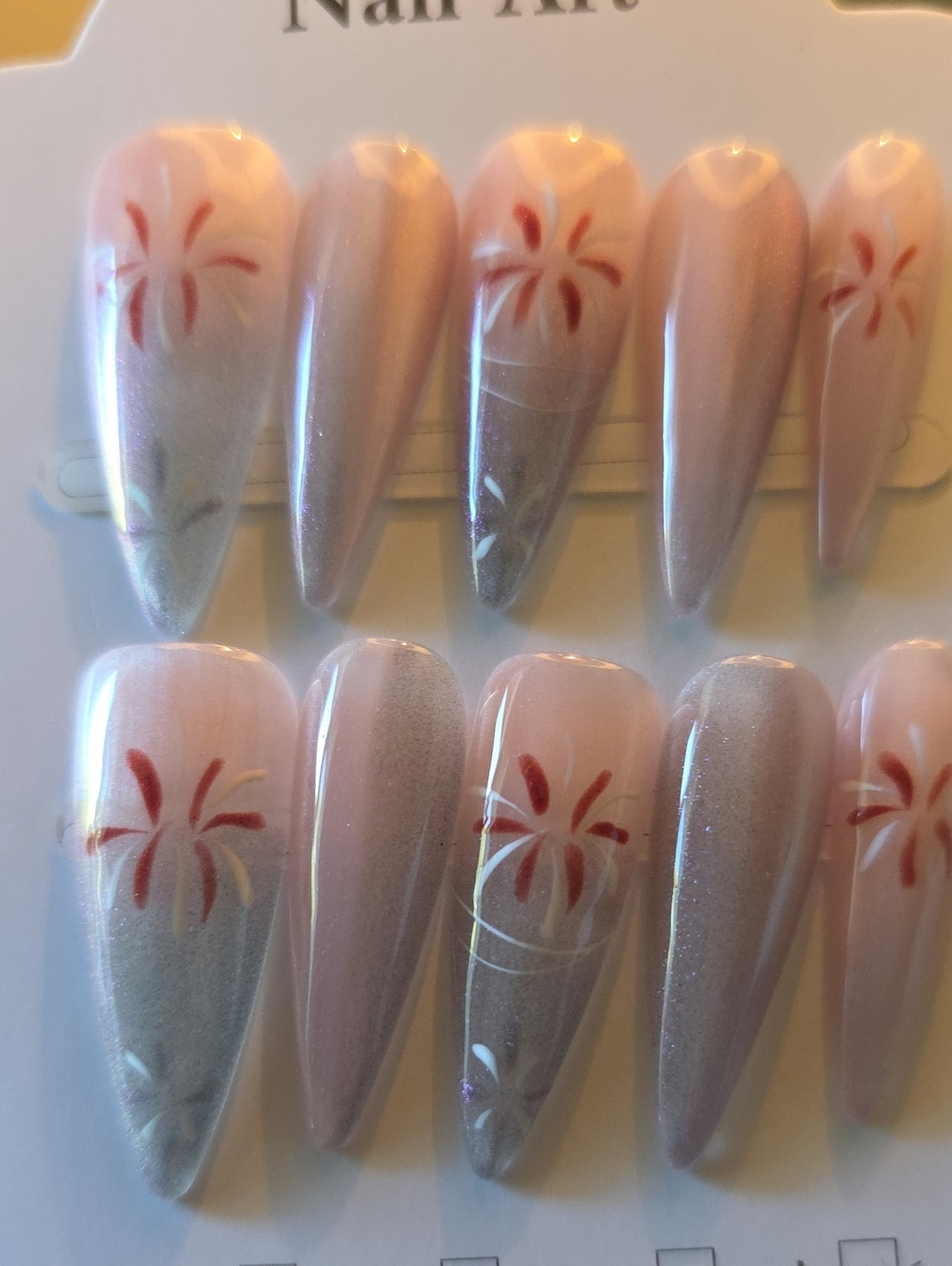 Press-On Nail Set - Pink Floral Almond Tips Size Large